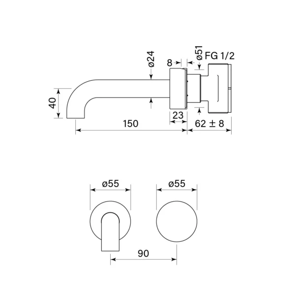 ZERO PROGRESIV SMOOTH WALL BATH MIXER SET, 150 - Image 2