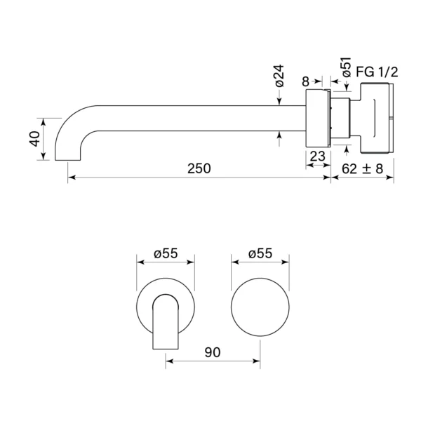 ZERO PROGRESIV SMOOTH WALL BATH MIXER SET, 250 - Image 2