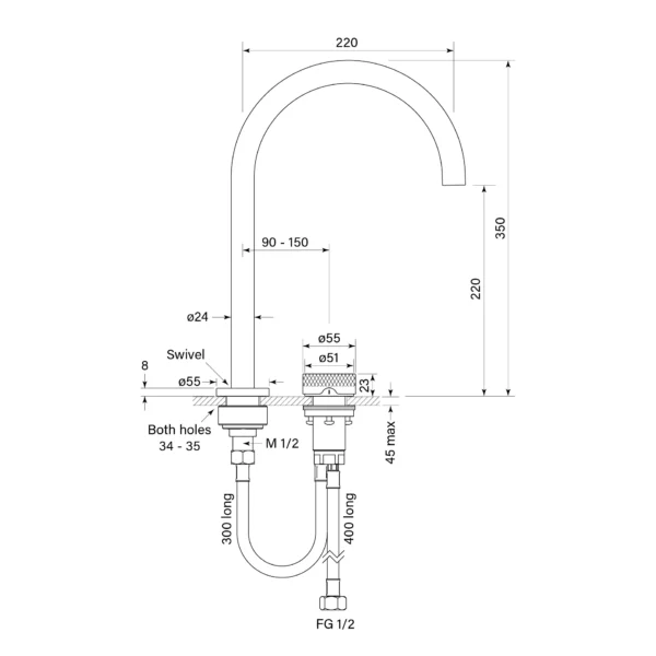 ZERO PROGRESIV KNURL HOB BATH MIXER CURVE - Image 2