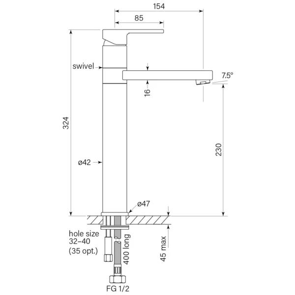 ZEOS BASIN MIXER SWIVEL, TALL 230H - Image 2