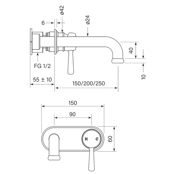 CASCADE BACK PLATE BATH MIXER 250 - Image 2