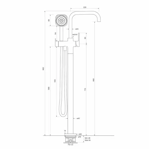 ZEOS FLOOR BATH MIXER W. HANDSHOWER - Image 3
