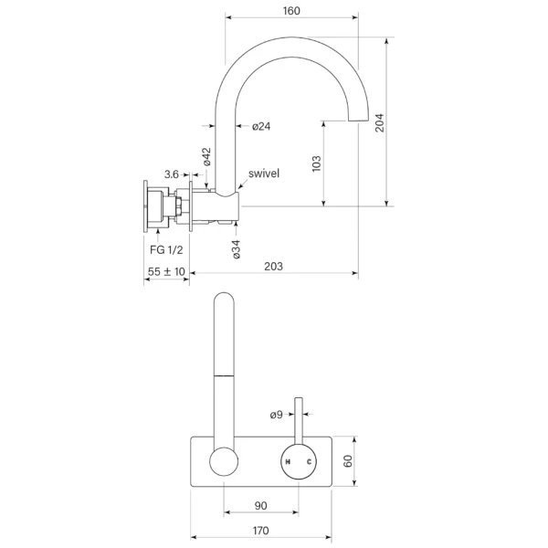 PEGASI M BACK PLATE BATH MIXER SWIVEL 200 - Image 7